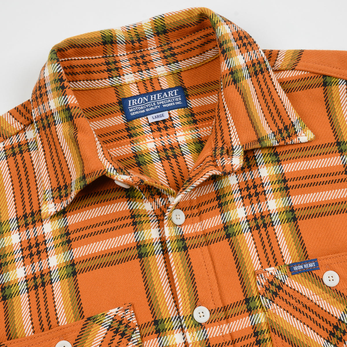 IHSH-442-ORA - 9oz Selvedge Flannel Work Shirt - Orange Check