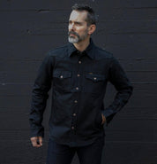 Image showing the IHSH-362-SBG - 16oz Non-Selvedge Denim CPO Shirt - Superblack (Fades to Grey) which is a Shirts described by the following info Iron Heart, Released, Shirts, Tops and sold on the IRON HEART GERMANY online store