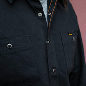 Image showing the IHSH-338-BLK - 12oz Selvedge Denim Work Shirt With Snaps - Black/Black which is a Shirts described by the following info Iron Heart, Released, Shirts, Tops and sold on the IRON HEART GERMANY online store
