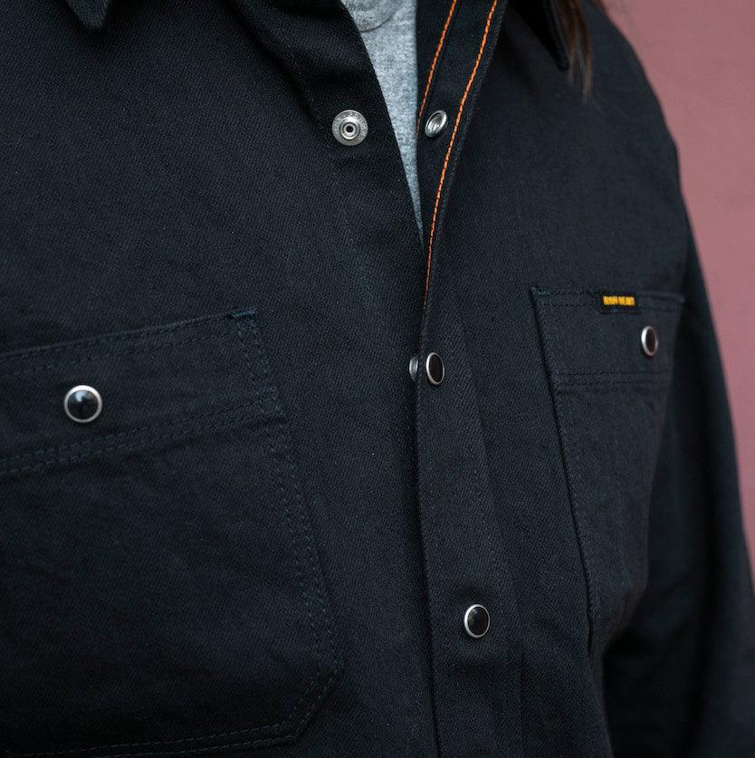 Image showing the IHSH-338-BLK - 12oz Selvedge Denim Work Shirt With Snaps - Black/Black which is a Shirts described by the following info Iron Heart, Released, Shirts, Tops and sold on the IRON HEART GERMANY online store