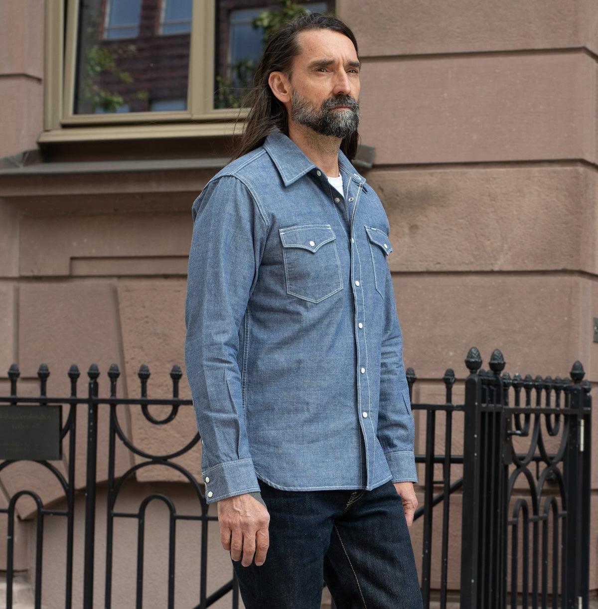 IHSH-13-BLU - 10oz Selvedge Chambray Single Yoke Western Shirt - Blue