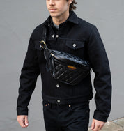 IHE-45-BLK - Diamond Stitched Leather Waist Bag - Black