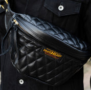 IHE-45-BLK - Diamond Stitched Leather Waist Bag - Black