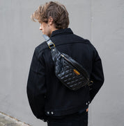IHE-45-BLK - Diamond Stitched Leather Waist Bag - Black
