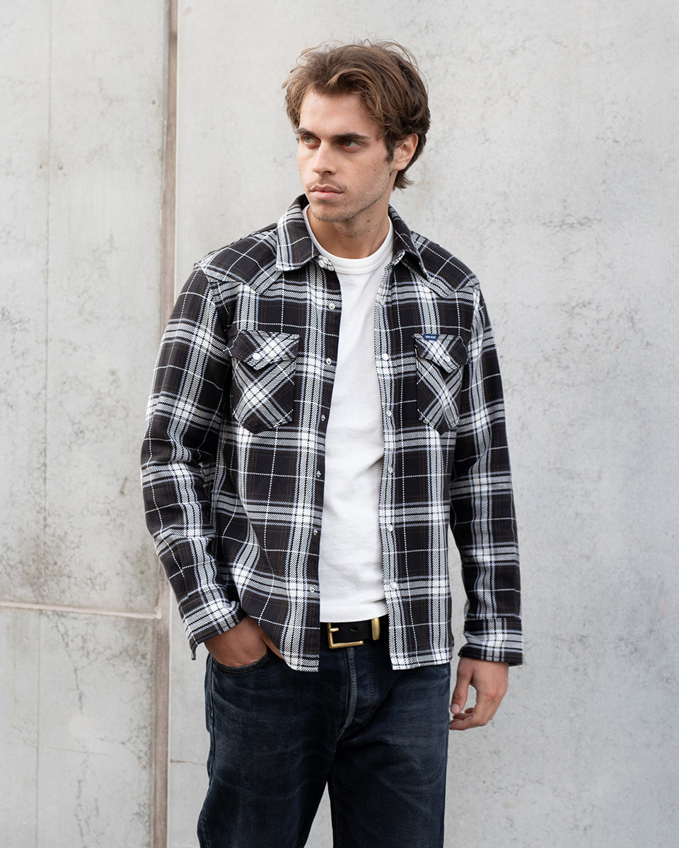 IHSH-439-BLK - 9oz Selvedge Flannel Western Shirt - Black Check