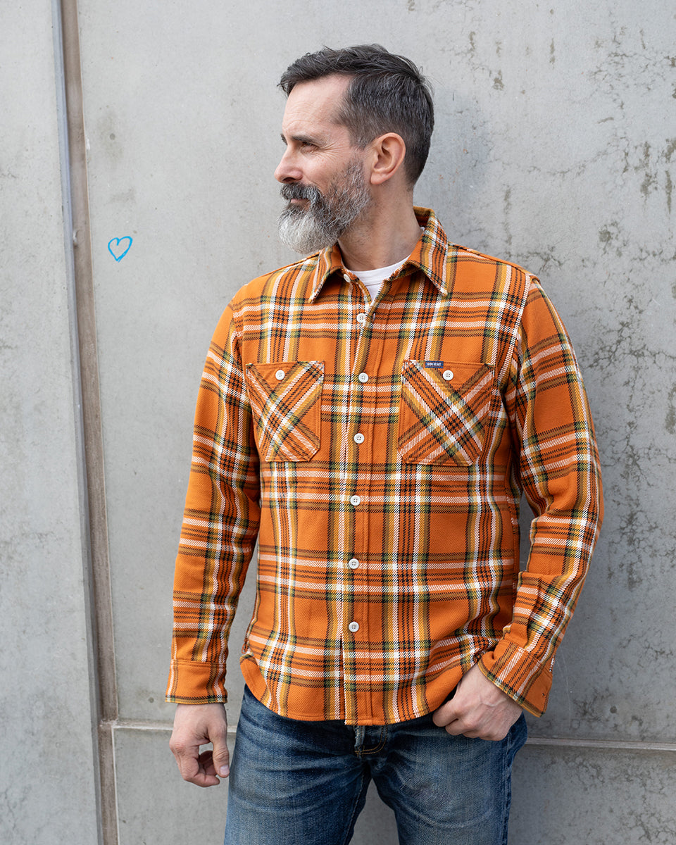 IHSH-442-ORA - 9oz Selvedge Flannel Work Shirt - Orange Check