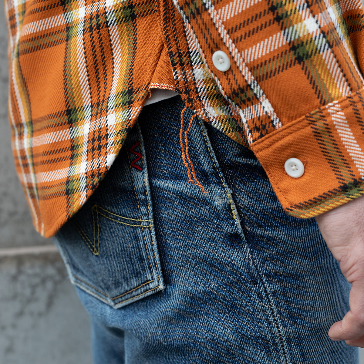 IHSH-442-ORA - 9oz Selvedge Flannel Work Shirt - Orange Check
