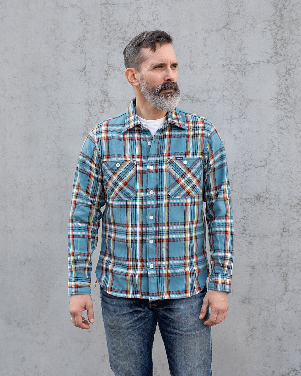 IHSH-442-SAX - 9oz Selvedge Flannel Work Shirt - Sax Blue Check