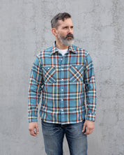 IHSH-442-SAX - 9oz Selvedge Flannel Work Shirt - Sax Blue Check