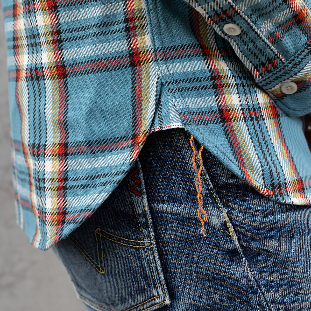 IHSH-442-SAX - 9oz Selvedge Flannel Work Shirt - Sax Blue Check