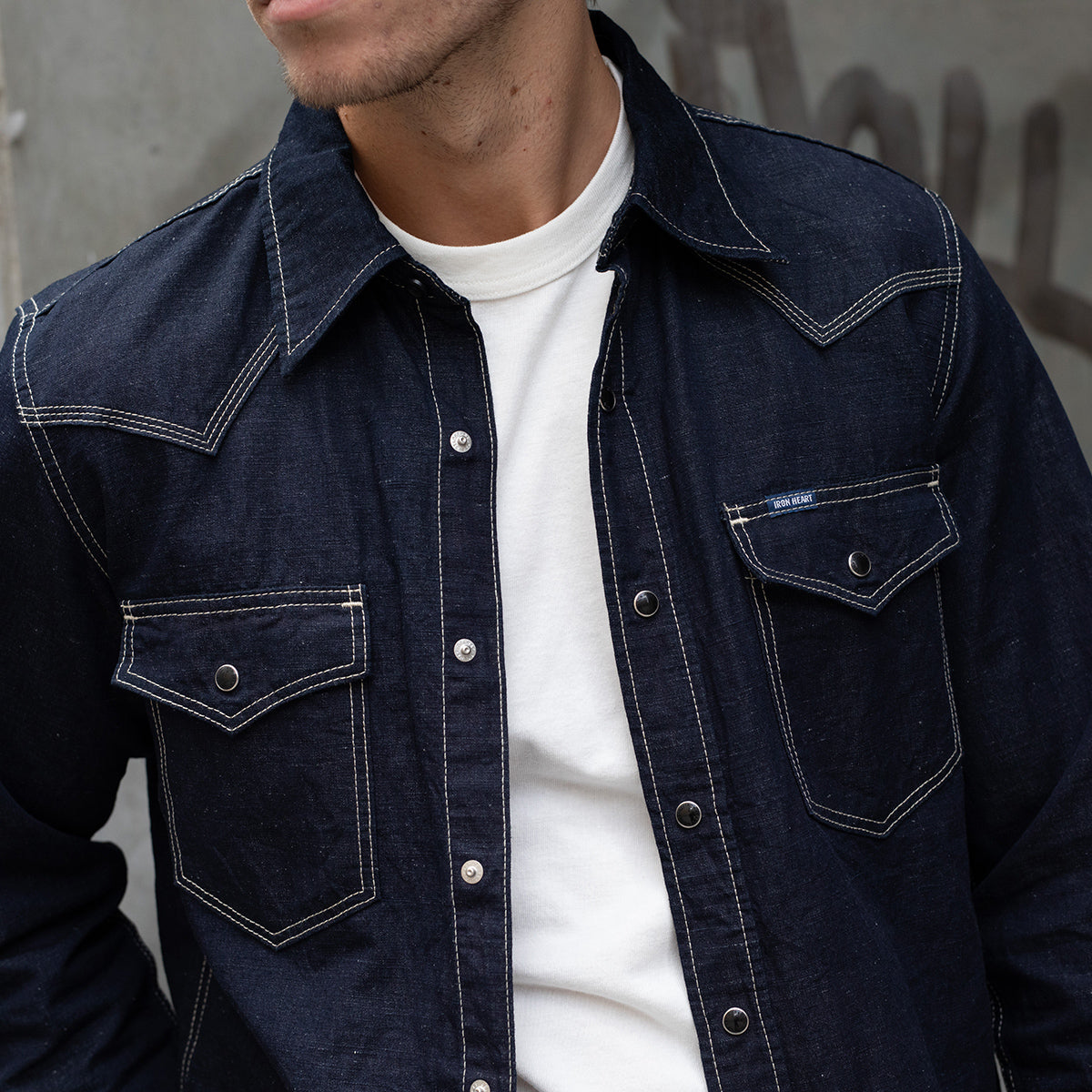 IHSH-444-IND - 7oz Cotton Linen Chambray Western Shirt - Indigo
