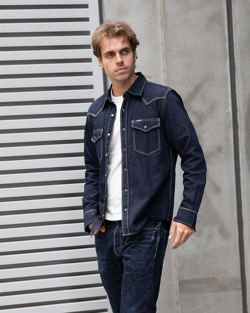 IHSH-444-IND - 7oz Cotton Linen Chambray Western Shirt - Indigo