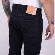 Image showing the IH-634S-B - 21oz Selvedge Denim Straight Cut Jeans - Indigo Overdyed Black which is a Jeans described by the following info 634, Bottoms, IHSALE, IHSALE_M23, Iron Heart, Jeans, Released, Straight and sold on the IRON HEART GERMANY online store
