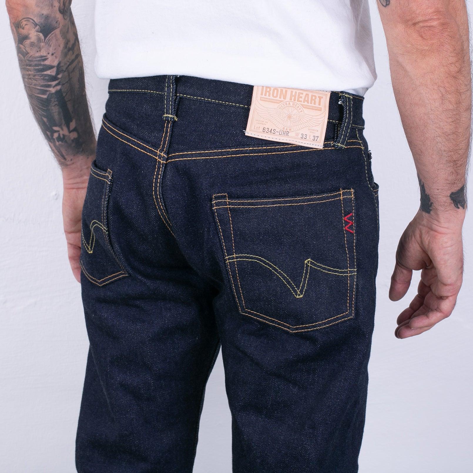 23oz Raw Selvedge Denim Straight Cut Jeans Indigo which is a Jeans described by the following info 634, Bottoms, Iron Heart, Jeans, Released, Straight and sold on the IRON HEART GERMANY online store