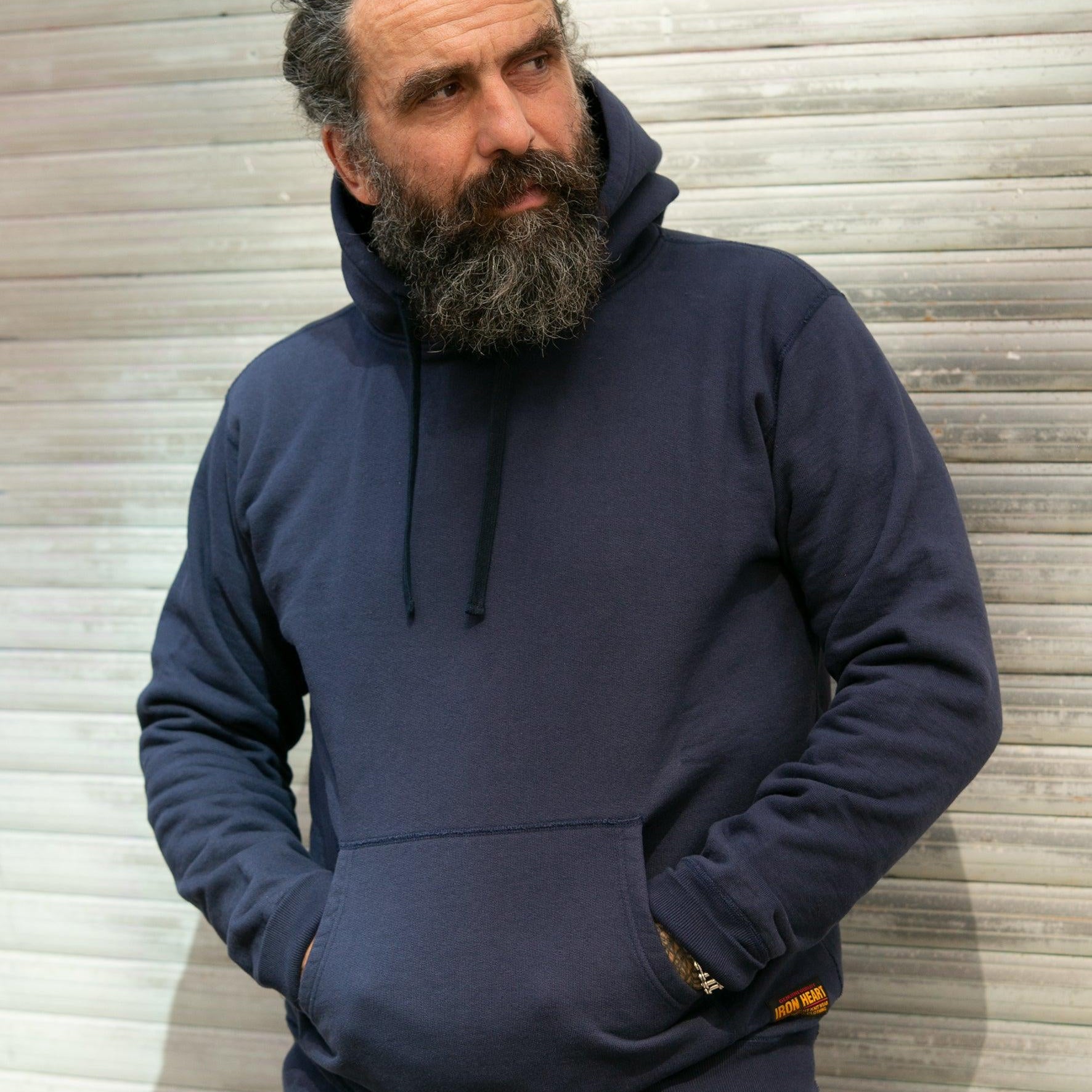 Image showing the IHSW-49-NAV - 14oz Ultra Heavyweight Loopwheel Cotton Hoodie Navy which is a Sweatshirts described by the following info IHSALE_M23, Iron Heart, Released, Sweatshirts, Tops and sold on the IRON HEART GERMANY online store