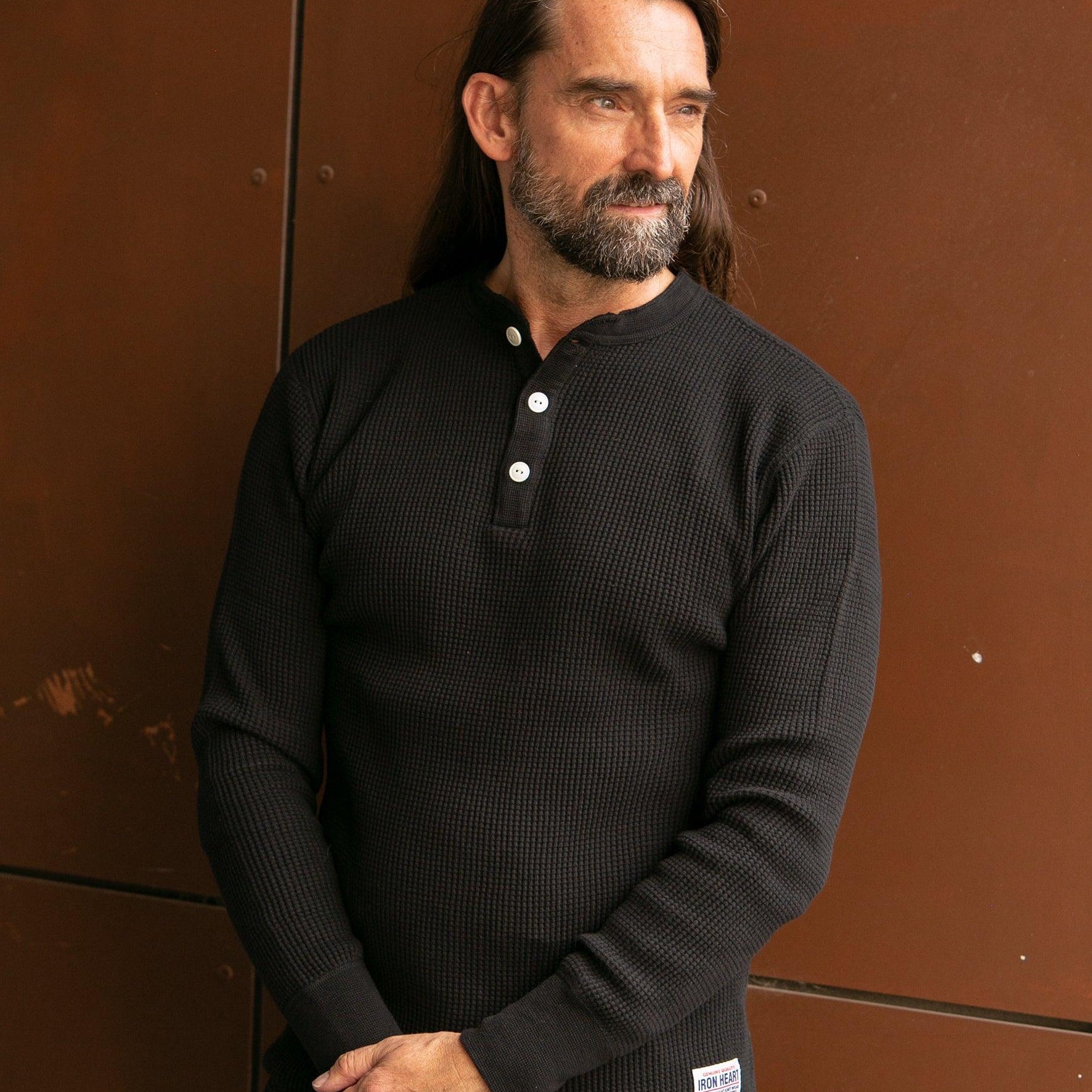 Image showing the IHTL-1213-BLK - Waffle Knit Long Sleeved Thermal Henley Black which is a T-Shirts described by the following info Back In, Iron Heart, Released, T-Shirts, Tops and sold on the IRON HEART GERMANY online store