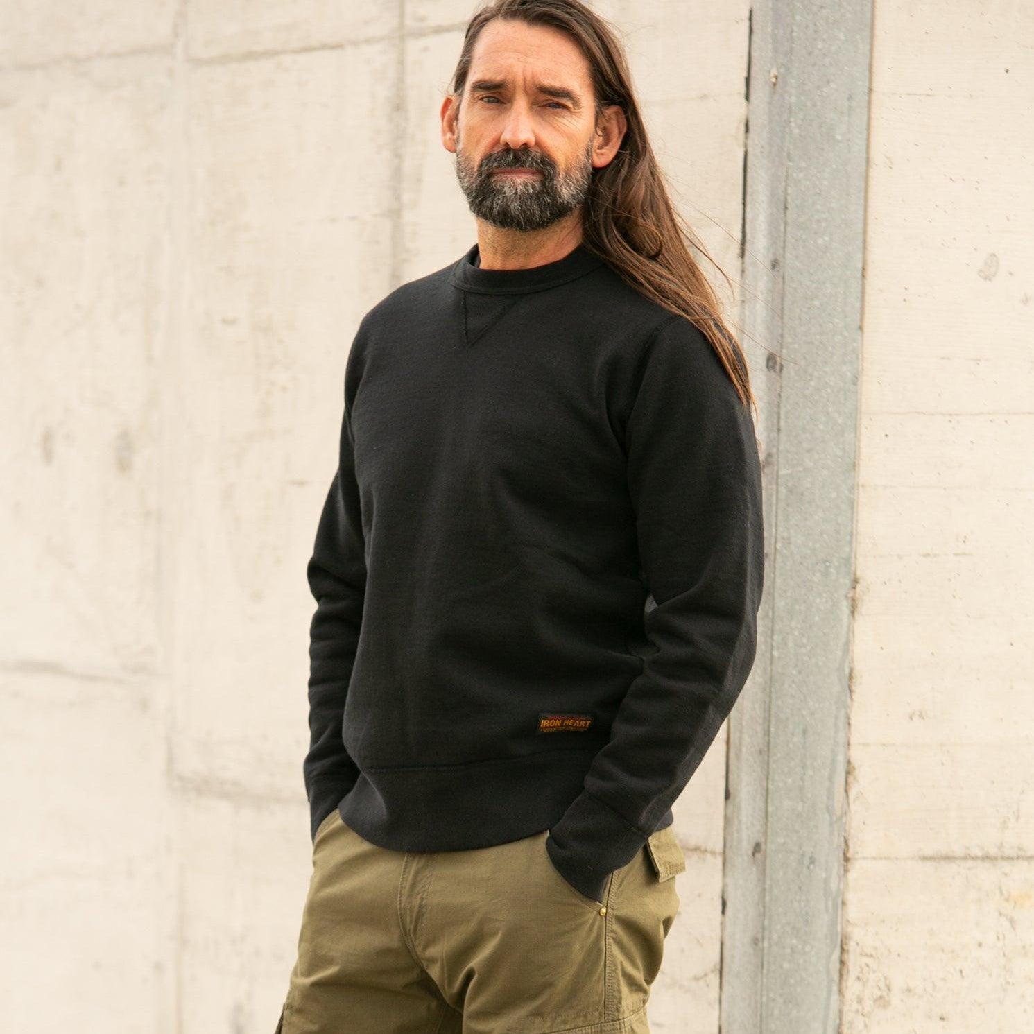 Image showing the IHSW-69L-BLK - 14oz Ultra Heavyweight Loopwheel Cotton Crew Neck Sweat - Black which is a Sweatshirts described by the following info IHSALE_M23, Iron Heart, Released, Sweatshirts, Tops and sold on the IRON HEART GERMANY online store