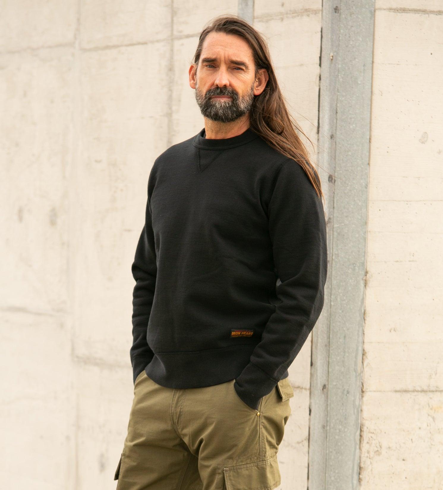Image showing the IHSW-69L-BLK - 14oz Ultra Heavyweight Loopwheel Cotton Crew Neck Sweat - Black which is a Sweatshirts described by the following info IHSALE_M23, Iron Heart, Released, Sweatshirts, Tops and sold on the IRON HEART GERMANY online store