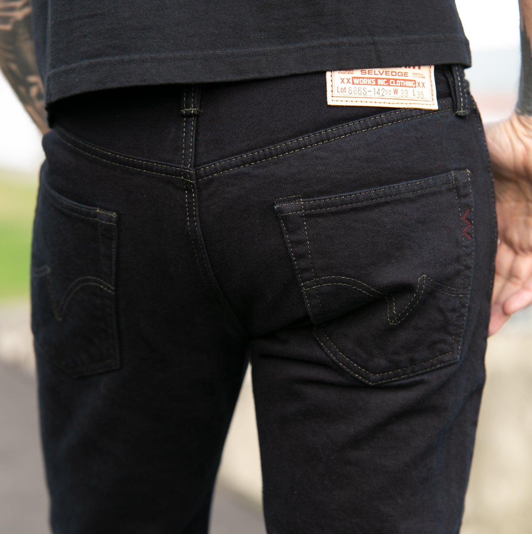 Image showing the IH-666S-142od - 14oz Selvedge Denim Slim Straight Cut Jeans Indigo Overdyed Black which is a Jeans described by the following info 666, Bottoms, Iron Heart, Jeans, Released, Slim, Straight and sold on the IRON HEART GERMANY online store