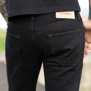 Image showing the IH-666S-142od - 14oz Selvedge Denim Slim Straight Cut Jeans Indigo Overdyed Black which is a Jeans described by the following info 666, Bottoms, Iron Heart, Jeans, Released, Slim, Straight and sold on the IRON HEART GERMANY online store