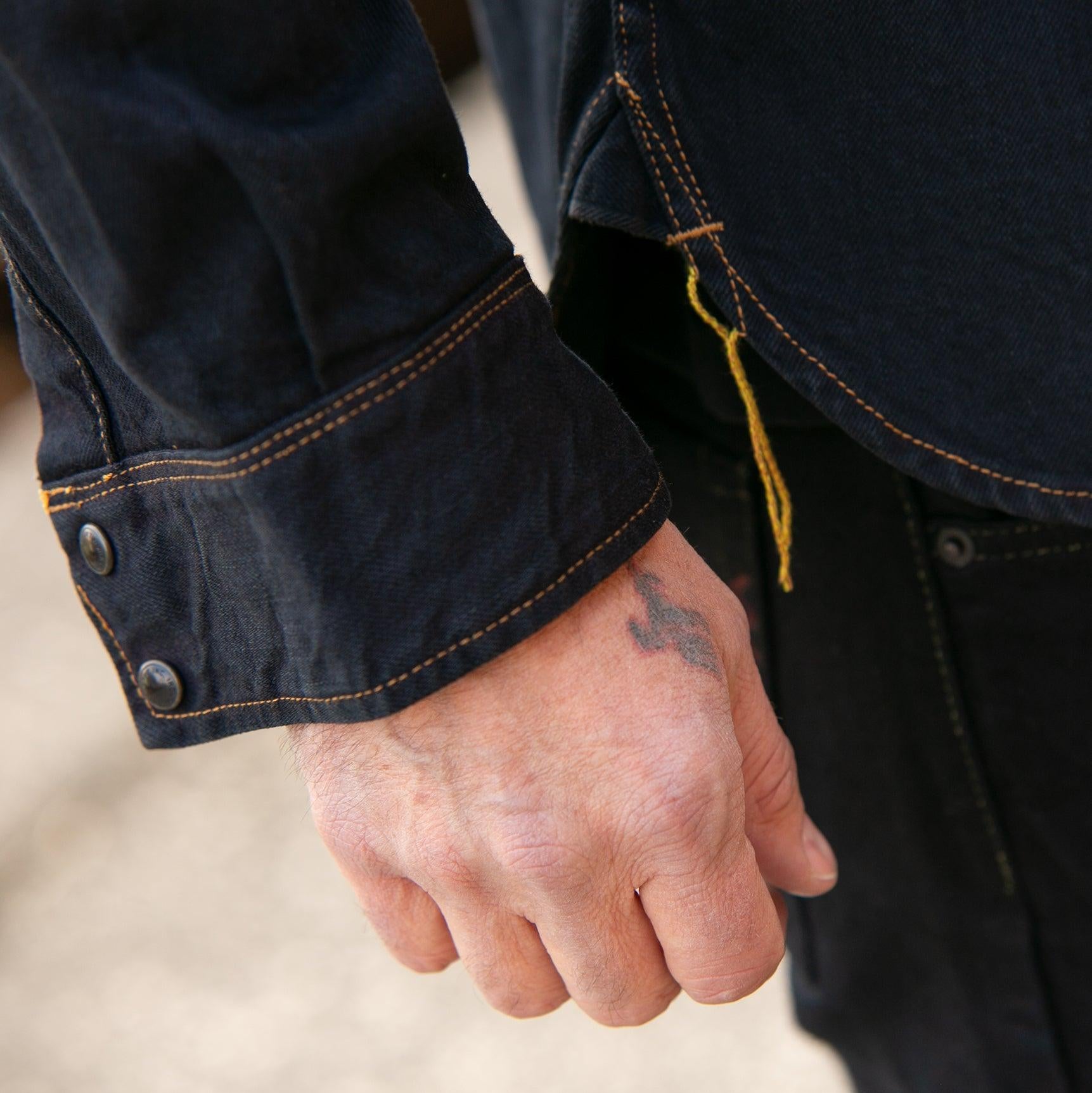 Image showing the IHSH-33-OD - 12oz Selvedge Denim Western Shirt - Indigo Overdyed Black which is a Shirts described by the following info IHSALE_M23, Iron Heart, Released, Shirts, Tops and sold on the IRON HEART GERMANY online store