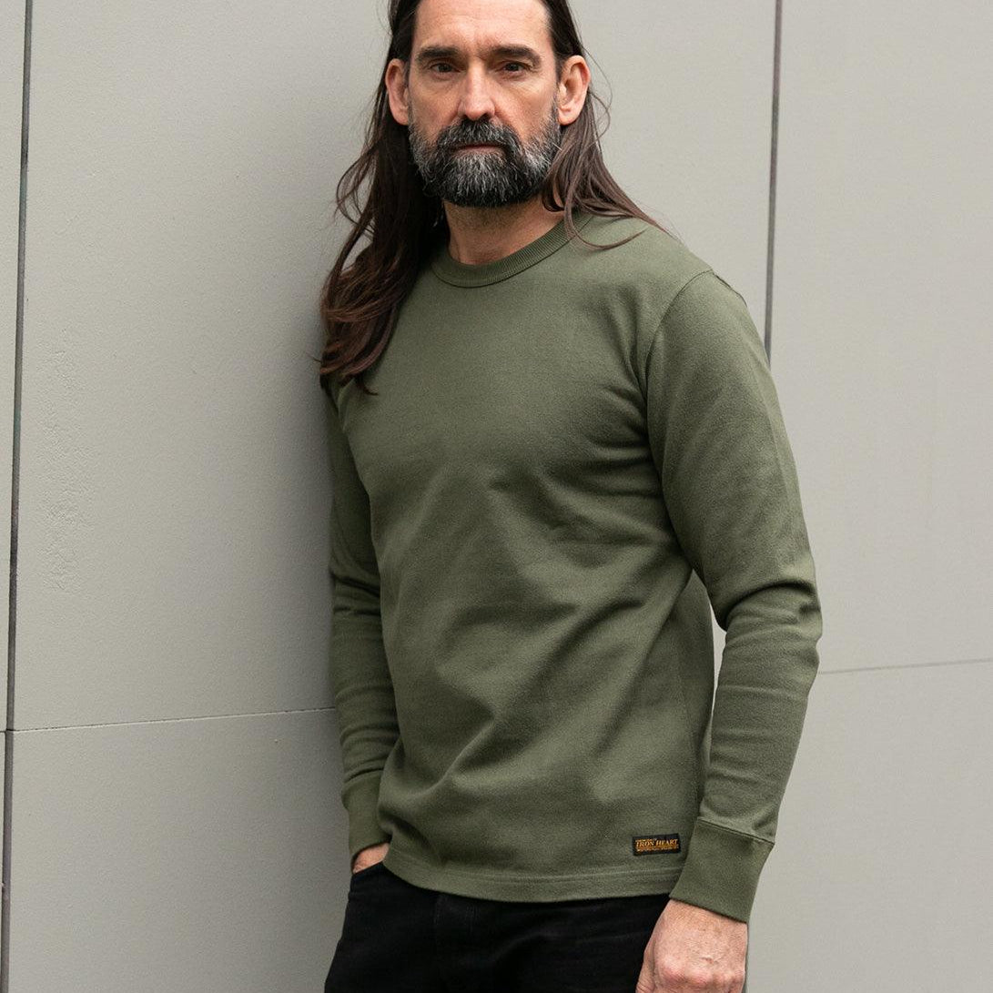 Image showing the IHTL-1501-OLV - 11oz Cotton Knit Crew Neck Sweater Olive which is a Sweatshirts described by the following info Iron Heart, Released, Sweatshirts, Tops and sold on the IRON HEART GERMANY online store