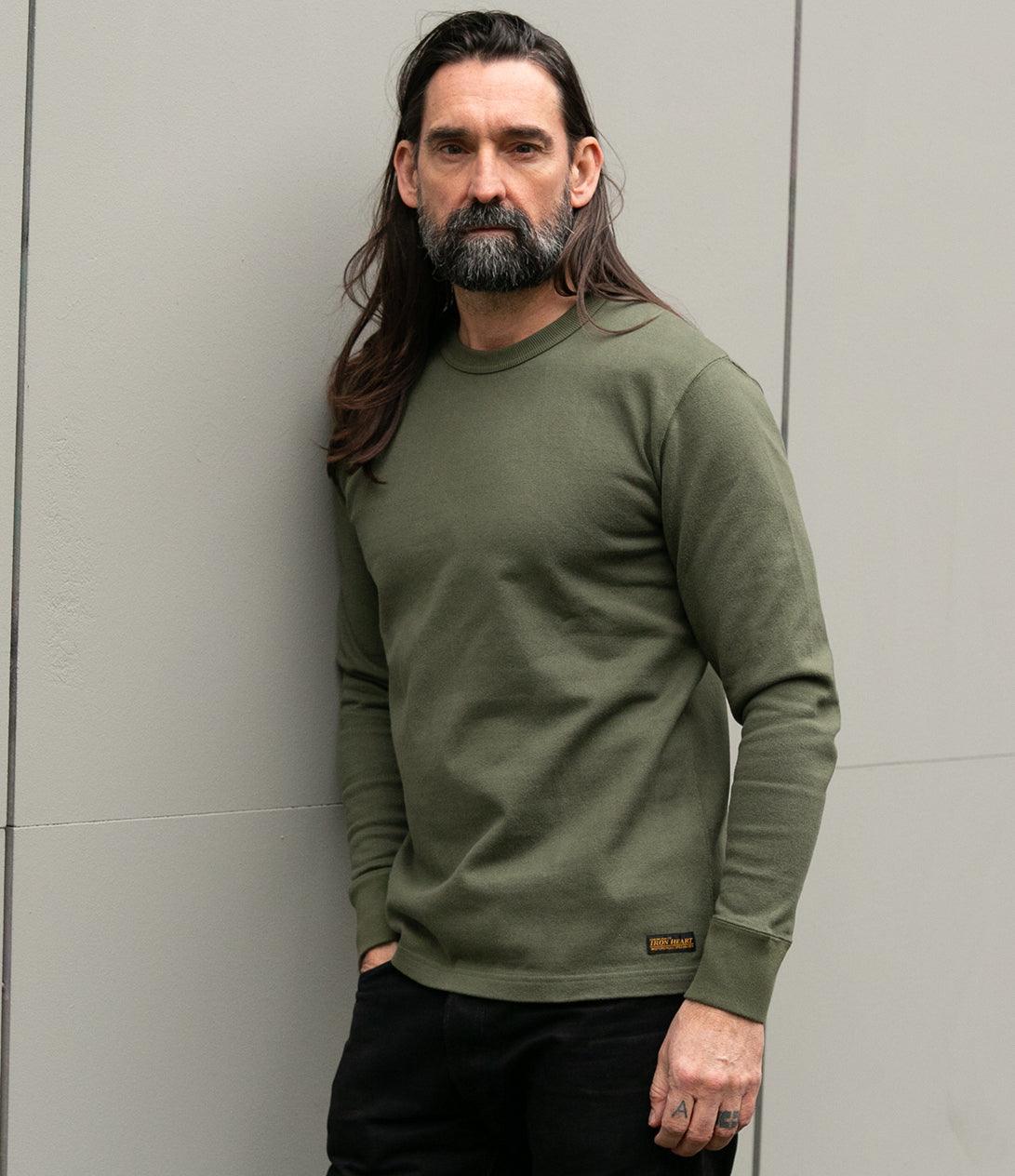 Image showing the IHTL-1501-OLV - 11oz Cotton Knit Crew Neck Sweater Olive which is a Sweatshirts described by the following info Iron Heart, Released, Sweatshirts, Tops and sold on the IRON HEART GERMANY online store