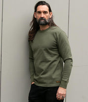Image showing the IHTL-1501-OLV - 11oz Cotton Knit Crew Neck Sweater Olive which is a Sweatshirts described by the following info Iron Heart, Released, Sweatshirts, Tops and sold on the IRON HEART GERMANY online store