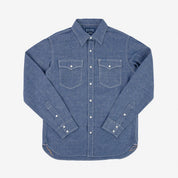 Image showing the IHSH-13-BLU - 10oz Selvedge Chambray Single Yoke Western Shirt - Blue which is a Shirts described by the following info Back In, Iron Heart, Released, Shirts, Tops and sold on the IRON HEART GERMANY online store