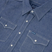 Image showing the IHSH-13-BLU - 10oz Selvedge Chambray Single Yoke Western Shirt - Blue which is a Shirts described by the following info Back In, Iron Heart, Released, Shirts, Tops and sold on the IRON HEART GERMANY online store