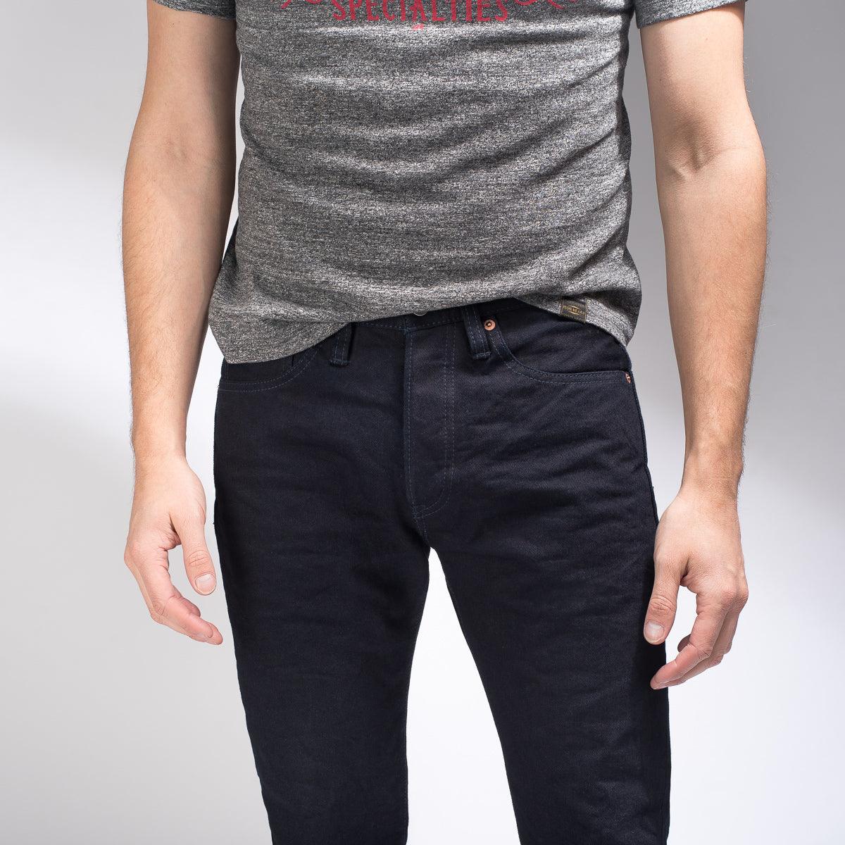 Image showing the IH-555S-142ib - 14oz Selvedge Denim Super Slim Cut Jeans Indigo/Black which is a Jeans described by the following info 555, Bottoms, Iron Heart, Jeans, Released, Slim and sold on the IRON HEART GERMANY online store