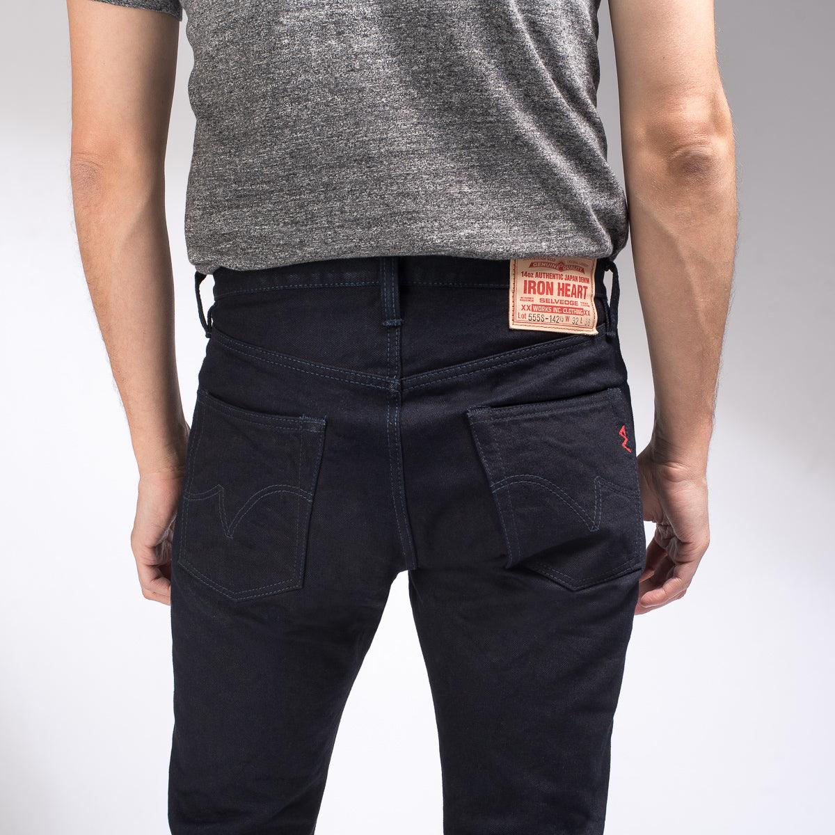 Image showing the IH-555S-142ib - 14oz Selvedge Denim Super Slim Cut Jeans Indigo/Black which is a Jeans described by the following info 555, Bottoms, Iron Heart, Jeans, Released, Slim and sold on the IRON HEART GERMANY online store