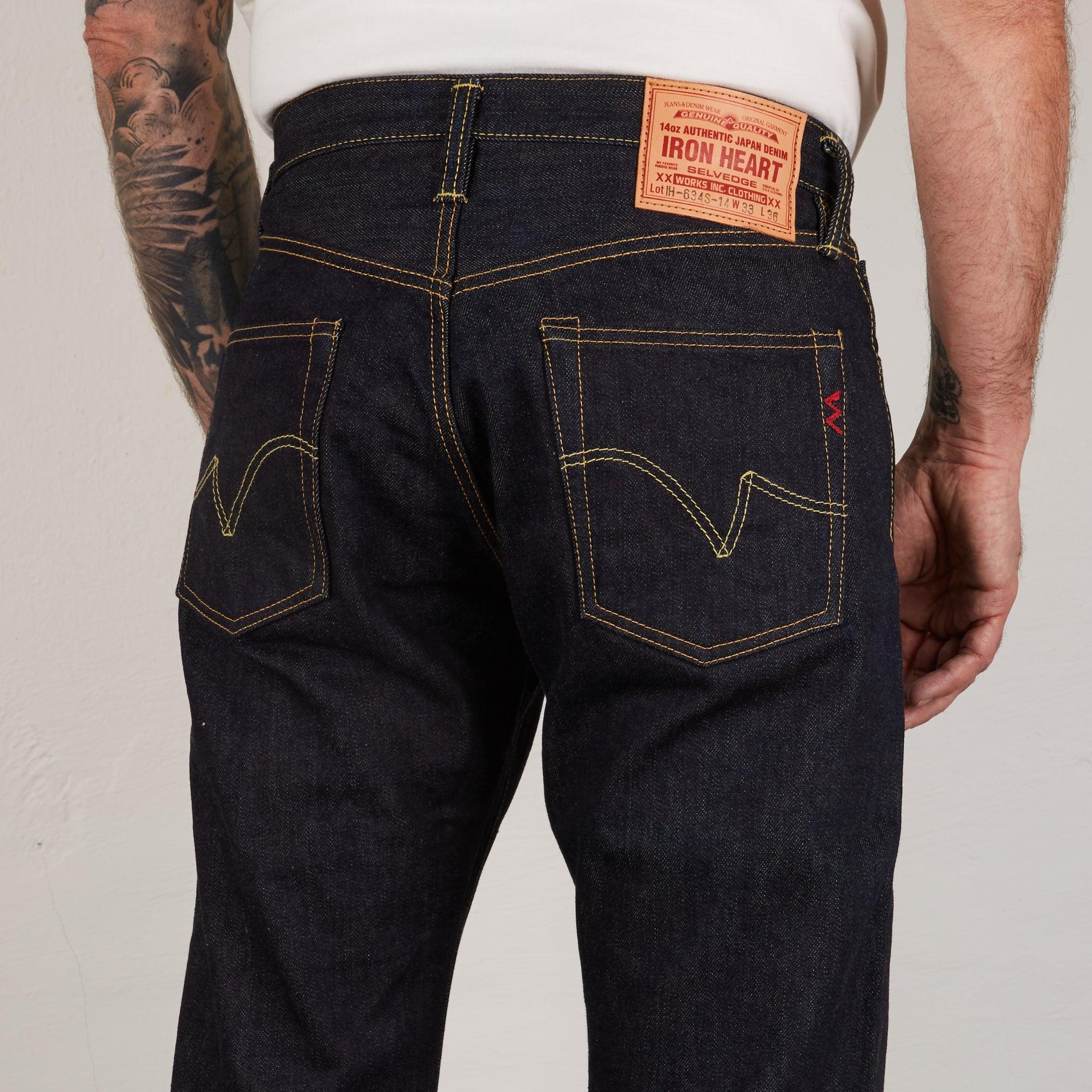 Image showing the IH-634S-142 - 14oz Selvedge Denim Straight Cut Jeans Indigo which is a Jeans described by the following info 634, Bottoms, Iron Heart, Jeans, Released, Straight and sold on the IRON HEART GERMANY online store