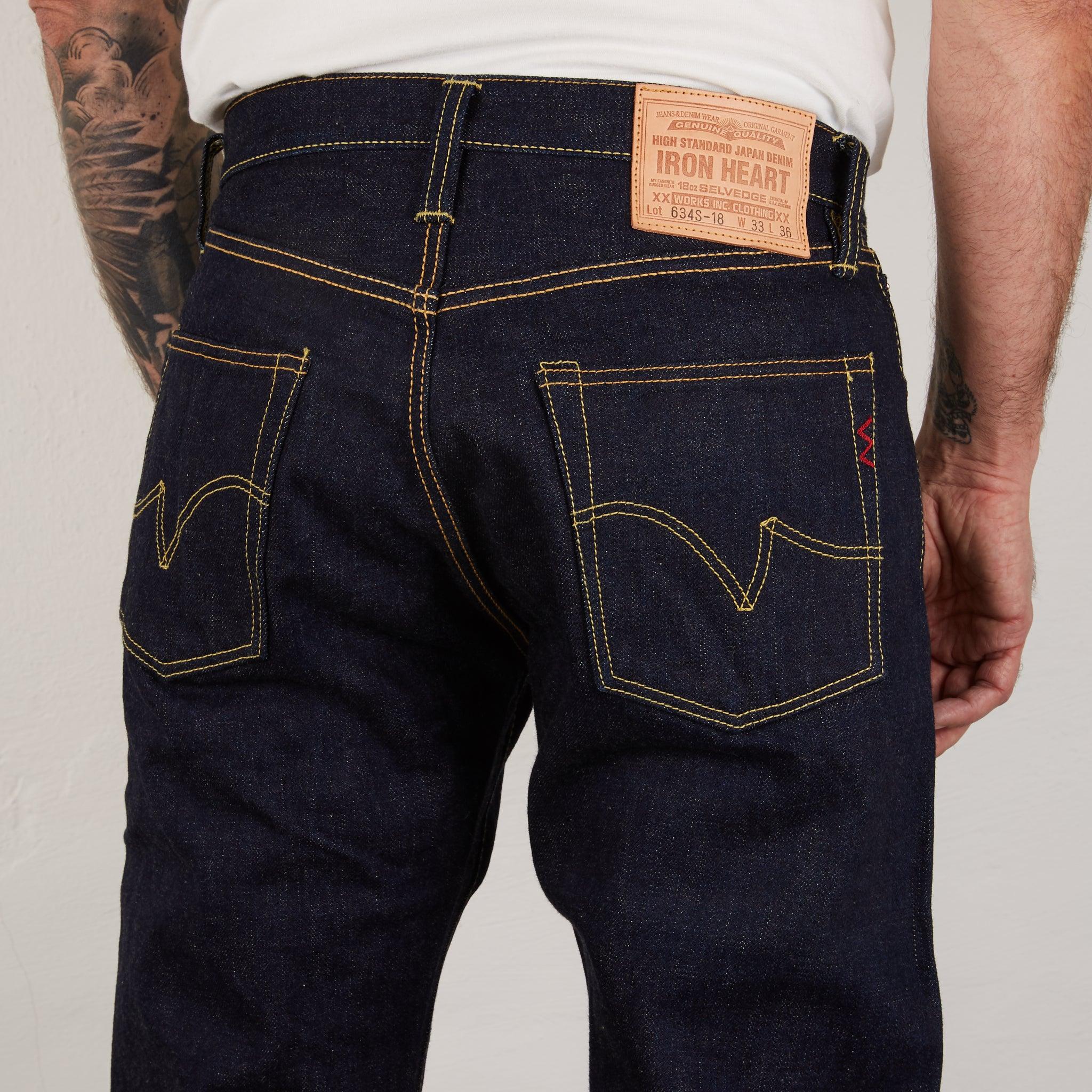 Image showing the IH-634S-18 - 18oz Vintage Selvedge Denim Straight Cut Jeans which is a Jeans described by the following info 634, Bottoms, IHSALE, IHSALE_M23, Iron Heart, Jeans, Released, Straight and sold on the IRON HEART GERMANY online store