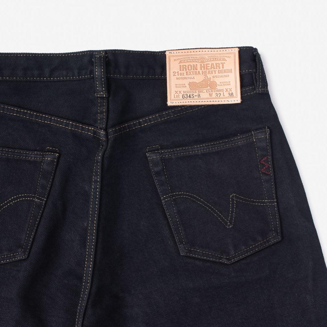 Image showing the IH-634S-B - 21oz Selvedge Denim Straight Cut Jeans - Indigo Overdyed Black which is a Jeans described by the following info 634, Bottoms, IHSALE, IHSALE_M23, Iron Heart, Jeans, Released, Straight and sold on the IRON HEART GERMANY online store