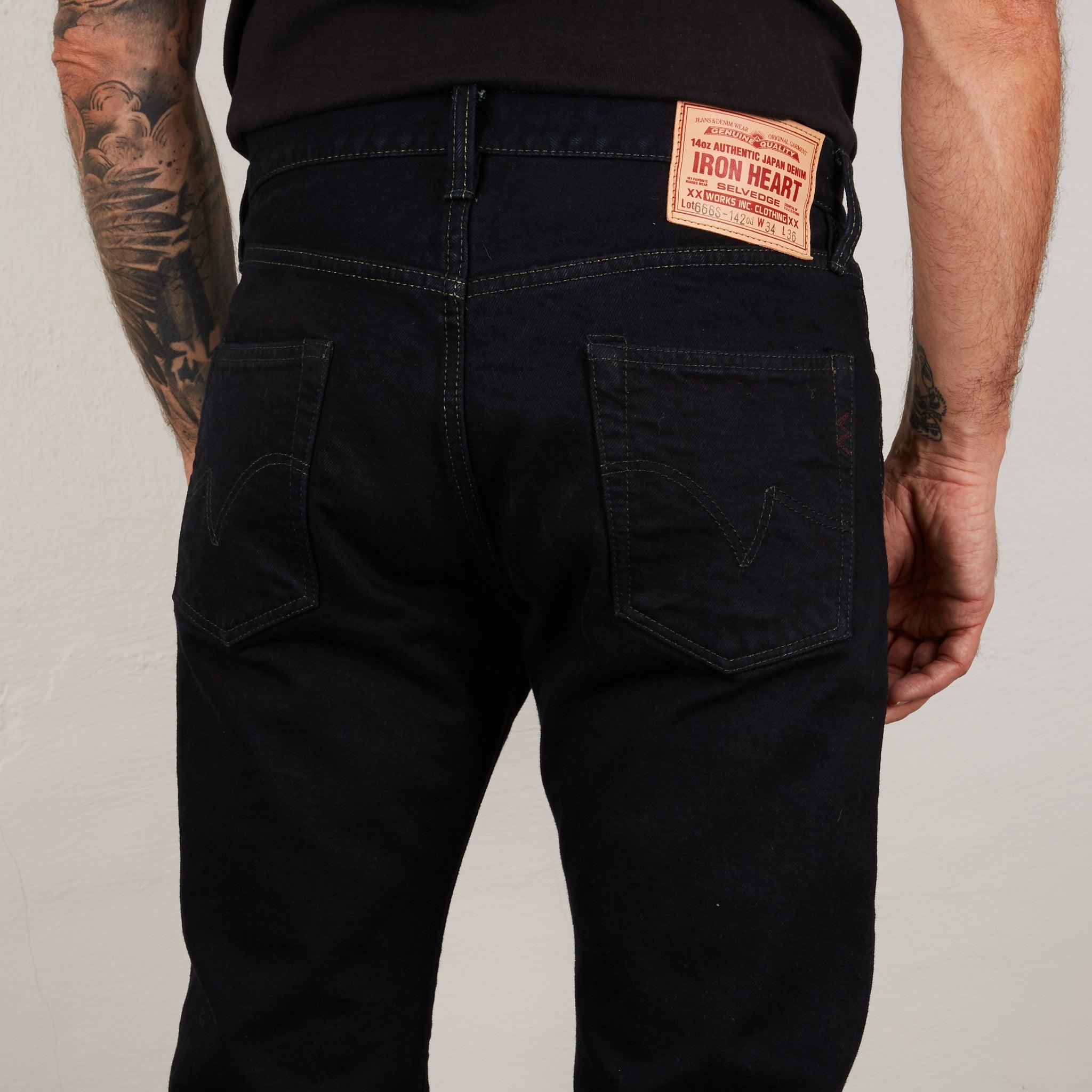 Image showing the IH-666S-142od - 14oz Selvedge Denim Slim Straight Cut Jeans Indigo Overdyed Black which is a Jeans described by the following info 666, Bottoms, Iron Heart, Jeans, Released, Slim, Straight and sold on the IRON HEART GERMANY online store