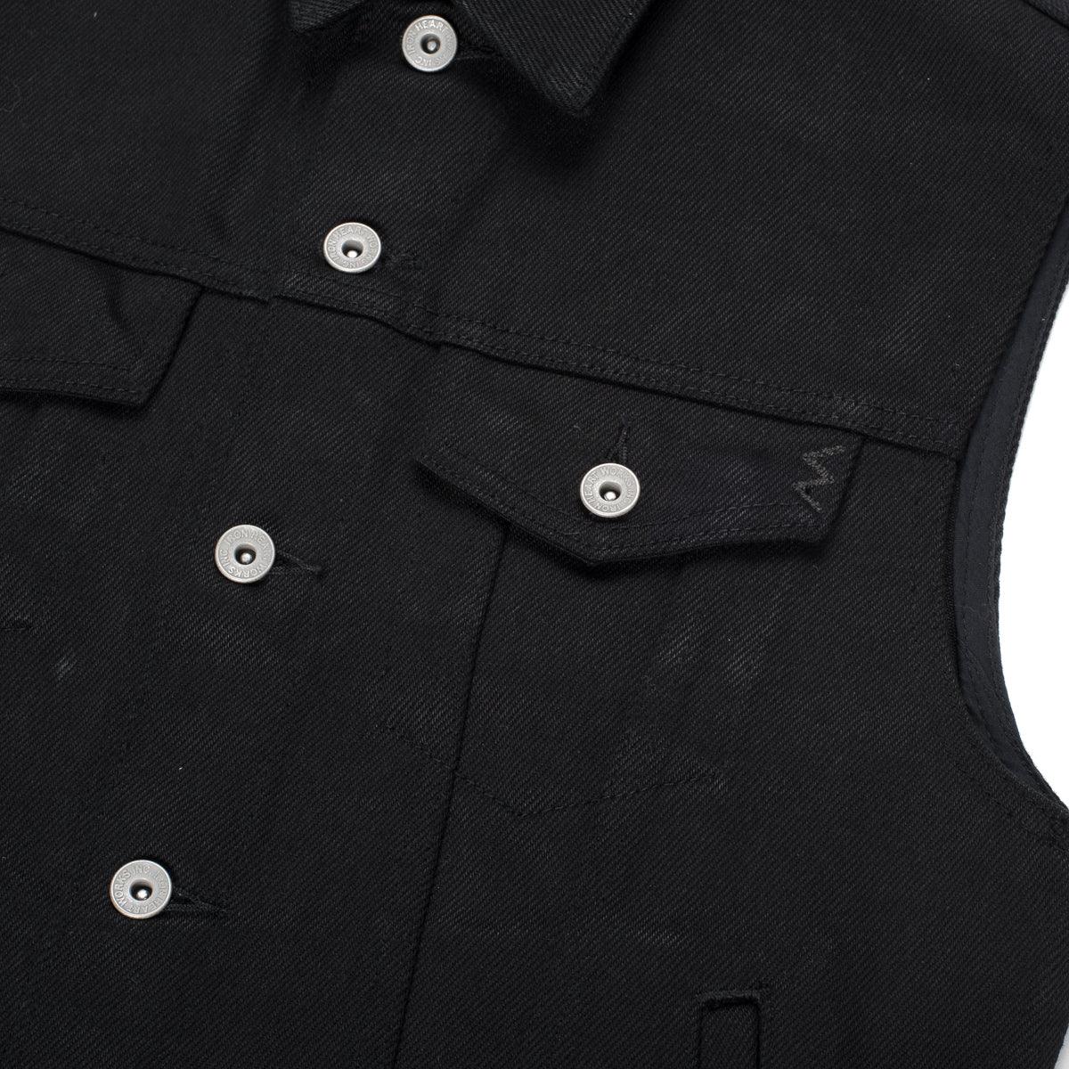 Image showing the IH-9526V - 21oz Non-Fade Denim Vest Superblack which is a Vests described by the following info Iron Heart, Released, Tops, Vests and sold on the IRON HEART GERMANY online store