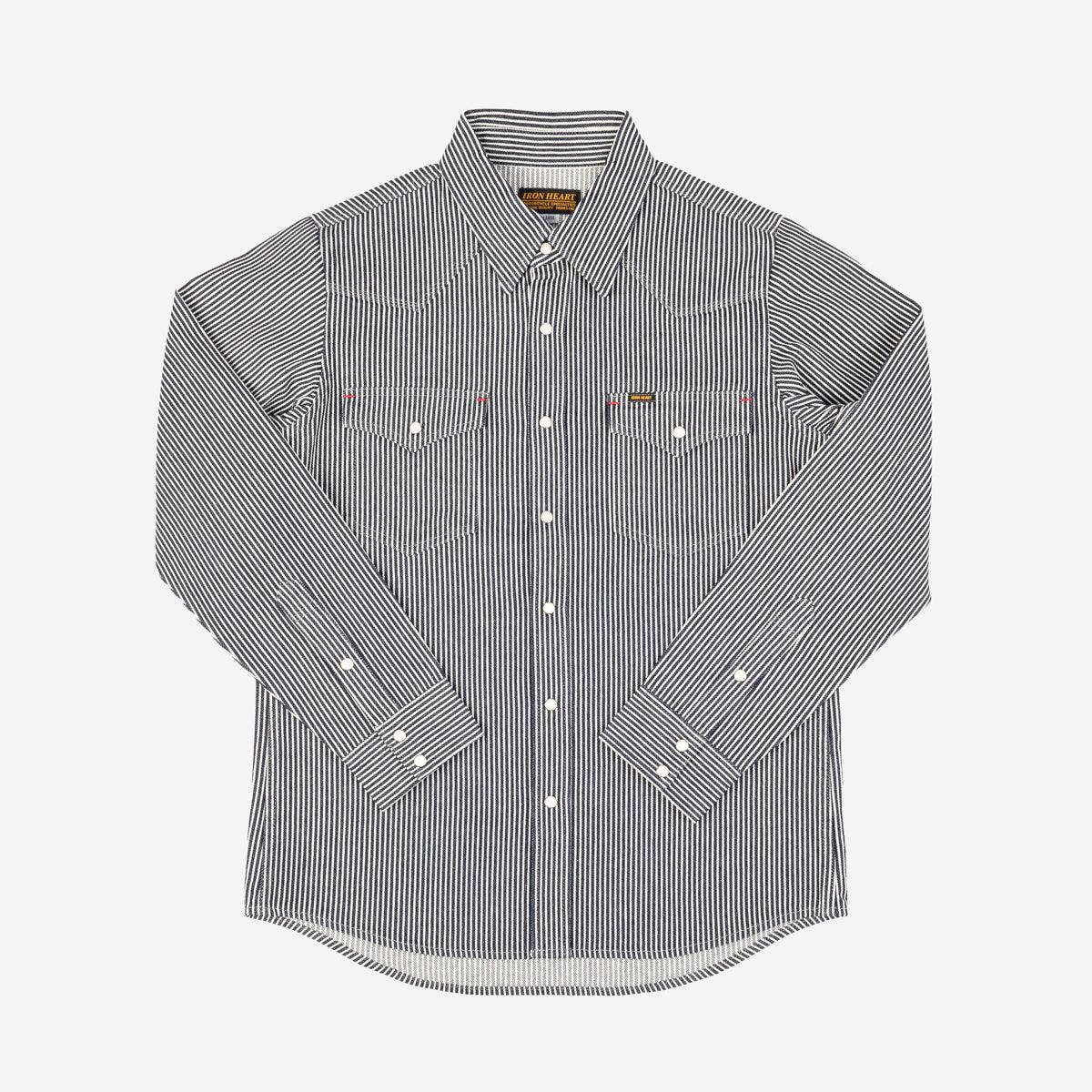 Image showing the IHSH-07-IND - 12oz Hickory Stripe Western Shirt Indigo which is a Shirts described by the following info IHSALE_M23, Iron Heart, Released, Shirts, Tops and sold on the IRON HEART GERMANY online store