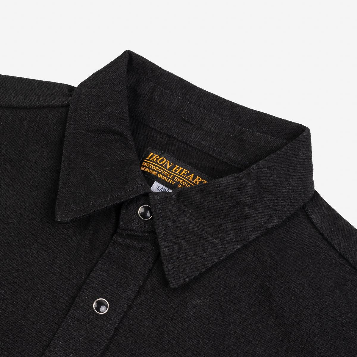 Image showing the IHSH-338-BLK - 12oz Selvedge Denim Work Shirt With Snaps - Black/Black which is a Shirts described by the following info Iron Heart, Released, Shirts, Tops and sold on the IRON HEART GERMANY online store