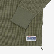 Image showing the IHTL-1213-OLV - Waffle Knit Long Sleeved Thermal Henley Olive which is a T-Shirts described by the following info Back In, Iron Heart, Released, T-Shirts, Tops and sold on the IRON HEART GERMANY online store