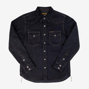 Image showing the IHSH-293-OD - 18oz Vintage Selvedge Denim CPO Shirt Indigo Overdyed Black which is a Shirts described by the following info Back In, Denim Jackets, Iron Heart, Released, Shirts, Tops and sold on the IRON HEART GERMANY online store