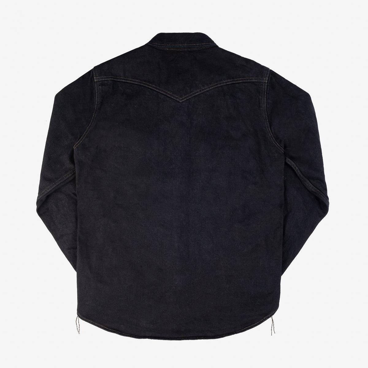 Image showing the IHSH-293-OD - 18oz Vintage Selvedge Denim CPO Shirt Indigo Overdyed Black which is a Shirts described by the following info Back In, Denim Jackets, Iron Heart, Released, Shirts, Tops and sold on the IRON HEART GERMANY online store