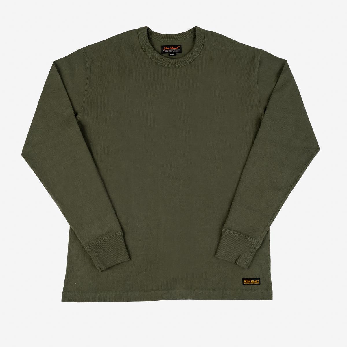 Image showing the IHTL-1501-OLV - 11oz Cotton Knit Crew Neck Sweater Olive which is a Sweatshirts described by the following info Iron Heart, Released, Sweatshirts, Tops and sold on the IRON HEART GERMANY online store