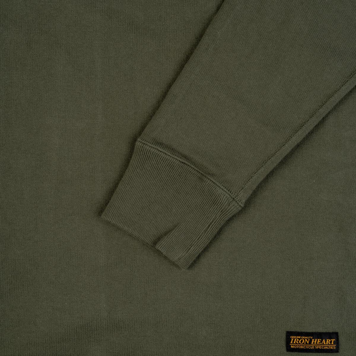 Image showing the IHTL-1501-OLV - 11oz Cotton Knit Crew Neck Sweater Olive which is a Sweatshirts described by the following info Iron Heart, Released, Sweatshirts, Tops and sold on the IRON HEART GERMANY online store