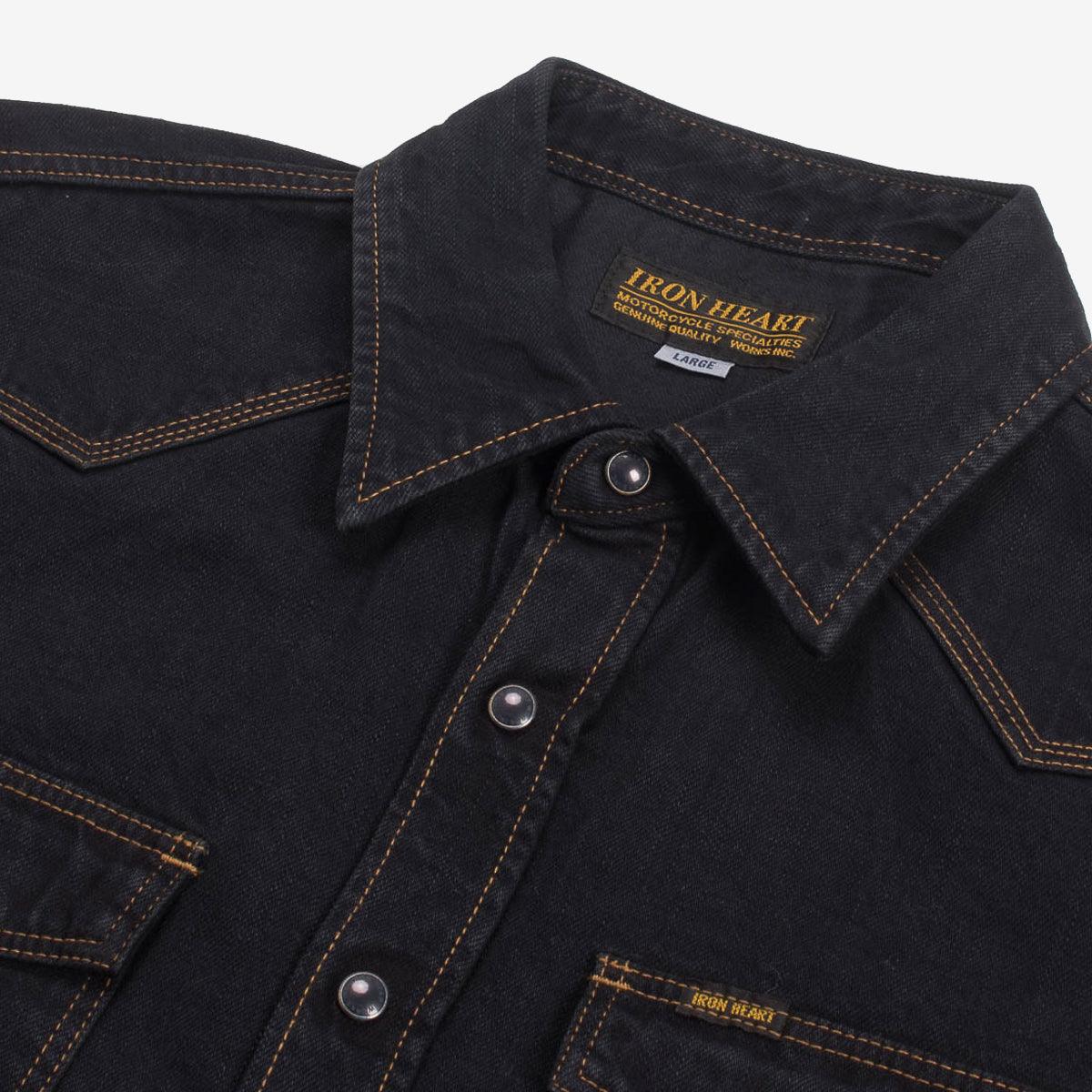 Image showing the IHSH-33-OD - 12oz Selvedge Denim Western Shirt - Indigo Overdyed Black which is a Shirts described by the following info IHSALE_M23, Iron Heart, Released, Shirts, Tops and sold on the IRON HEART GERMANY online store