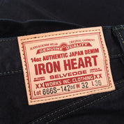 Image showing the IH-666S-142od - 14oz Selvedge Denim Slim Straight Cut Jeans Indigo Overdyed Black which is a Jeans described by the following info 666, Bottoms, Iron Heart, Jeans, Released, Slim, Straight and sold on the IRON HEART GERMANY online store