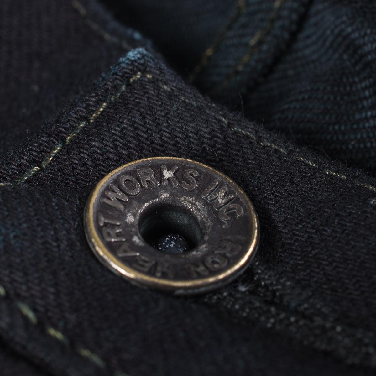 Image showing the IH-666S-142od - 14oz Selvedge Denim Slim Straight Cut Jeans Indigo Overdyed Black which is a Jeans described by the following info 666, Bottoms, Iron Heart, Jeans, Released, Slim, Straight and sold on the IRON HEART GERMANY online store