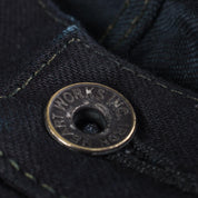 Image showing the IH-666S-142od - 14oz Selvedge Denim Slim Straight Cut Jeans Indigo Overdyed Black which is a Jeans described by the following info 666, Bottoms, Iron Heart, Jeans, Released, Slim, Straight and sold on the IRON HEART GERMANY online store