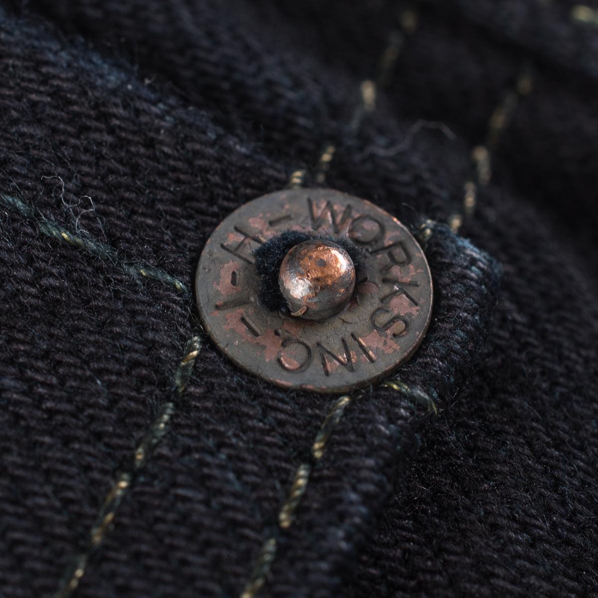 Image showing the IH-666S-142od - 14oz Selvedge Denim Slim Straight Cut Jeans Indigo Overdyed Black which is a Jeans described by the following info 666, Bottoms, Iron Heart, Jeans, Released, Slim, Straight and sold on the IRON HEART GERMANY online store