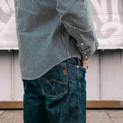 Image showing the IHSH-07-IND - 12oz Hickory Stripe Western Shirt Indigo which is a Shirts described by the following info IHSALE_M23, Iron Heart, Released, Shirts, Tops and sold on the IRON HEART GERMANY online store